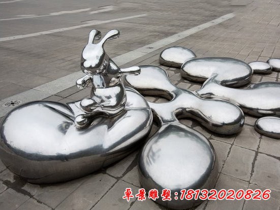 不锈钢抽象兔子水滴雕塑 广场景观雕塑