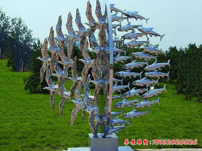 不锈钢飞鸟与鱼雕塑