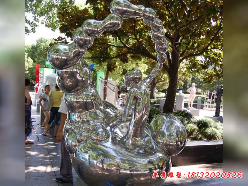不锈钢抽象吹泡泡的儿童雕塑