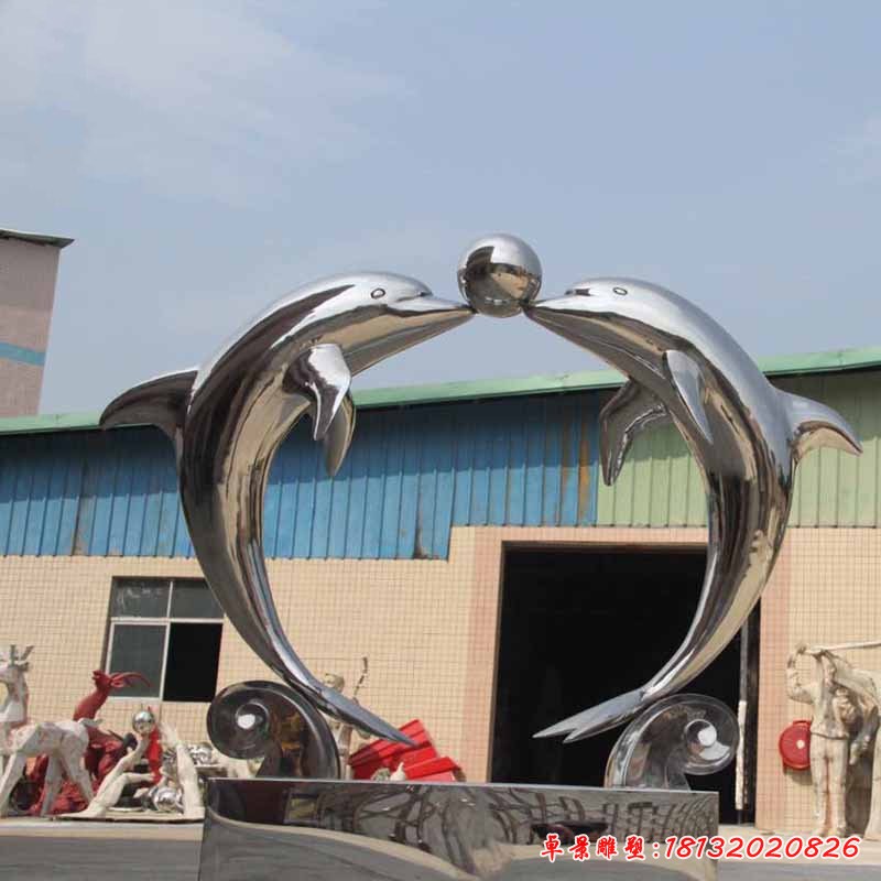 不锈钢公园镜面海豚顶球雕塑