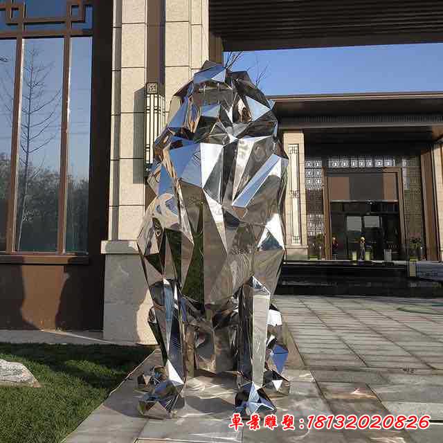 不锈钢几何狮子雕塑 (2)