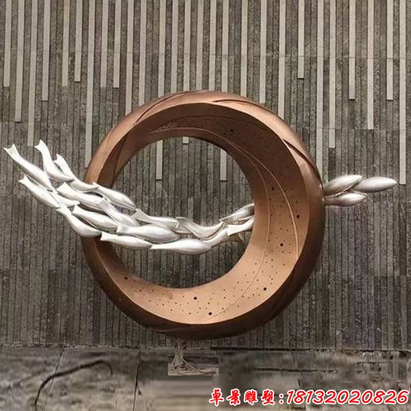 不锈钢抽象鱼群圆环雕塑 (1)