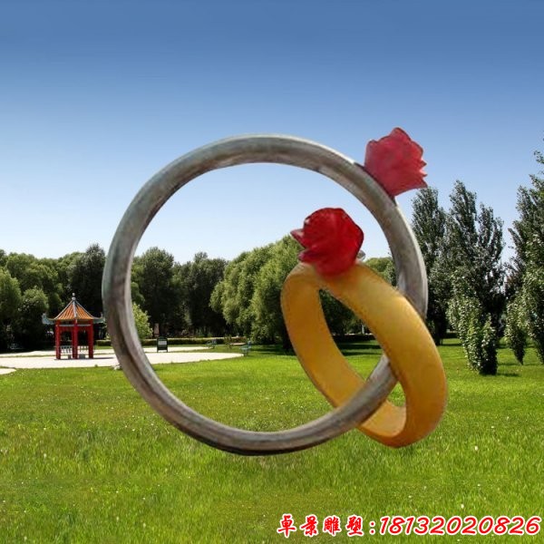 草坪不锈钢玫瑰花抽象戒指雕塑