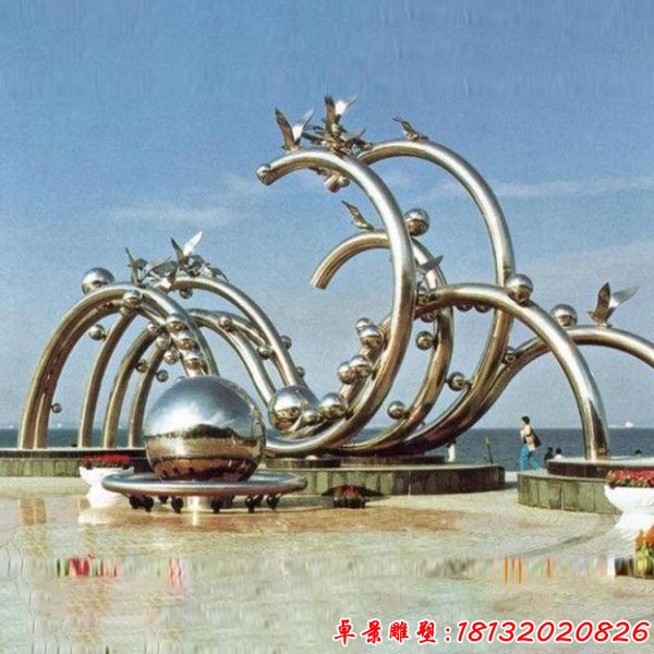 海边抽象不锈钢海浪和海鸥雕塑