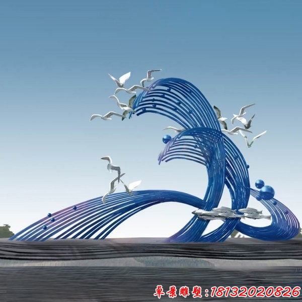景区不锈钢抽象海浪和海鸥雕塑