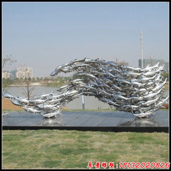景区镜面不锈钢抽象鱼群雕塑