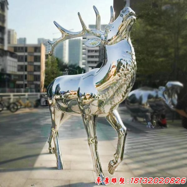 镜面不锈钢抽象抬头鹿雕塑