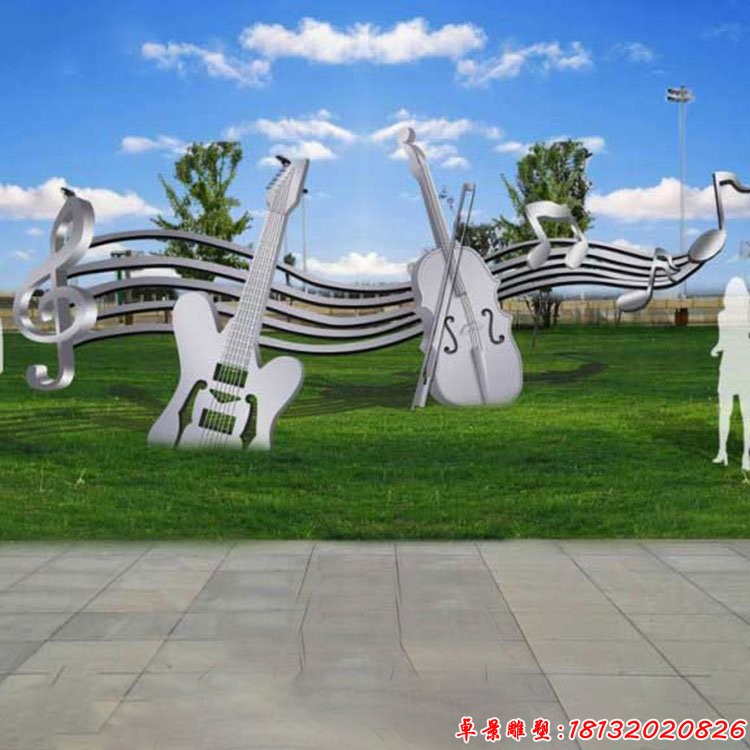 景区不锈钢抽象大提琴和音符雕塑