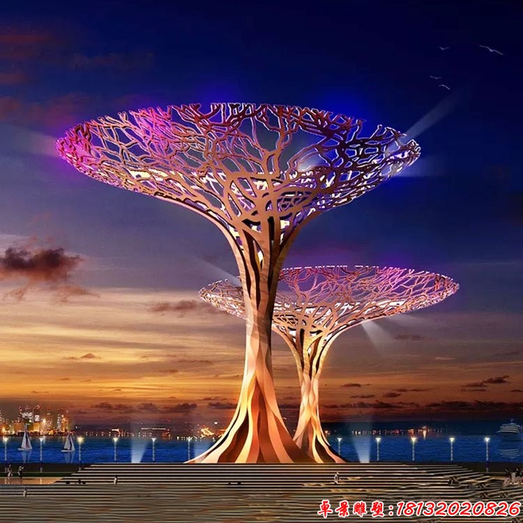 景区不锈钢镂空发光大树雕塑