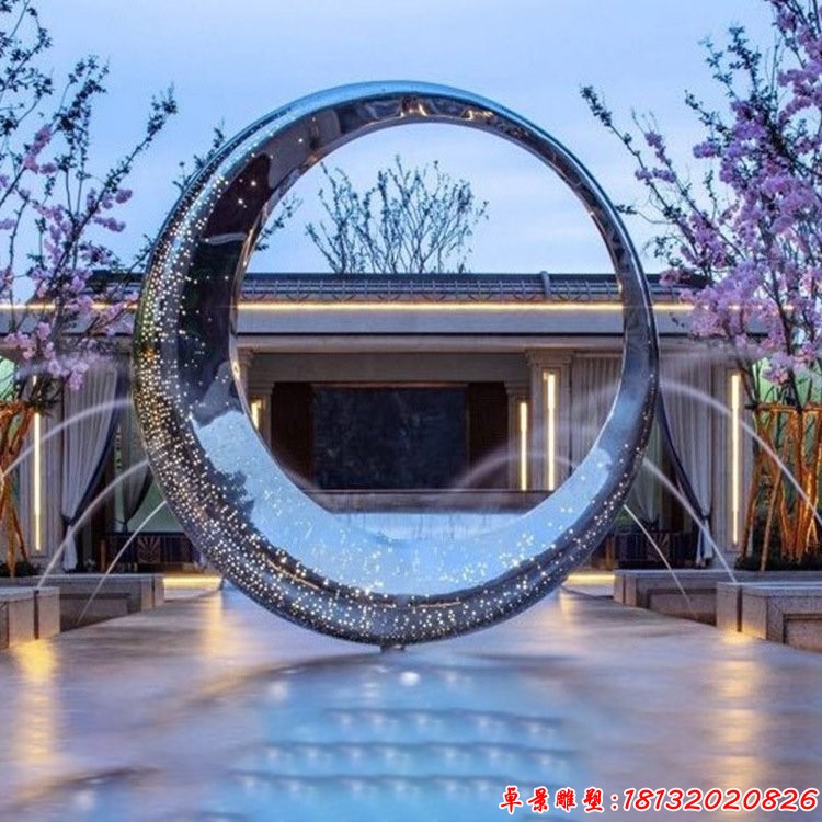 酒店镜面不锈钢抽象圆环水景雕塑