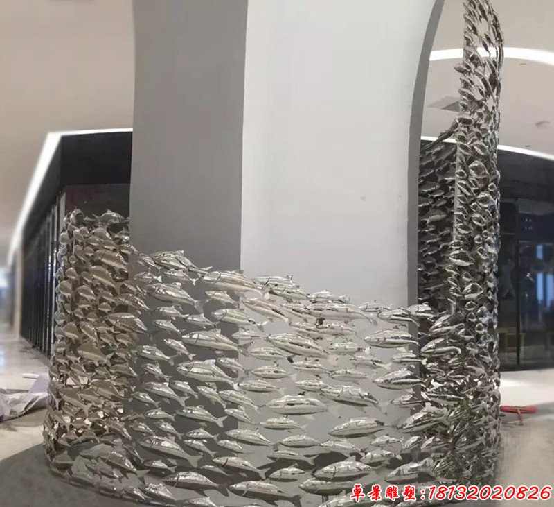 不锈钢抽象鱼群风暴雕塑