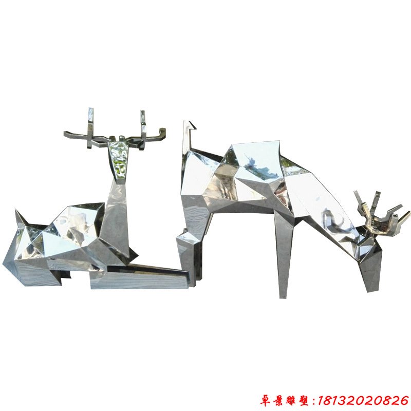 不锈钢镜面几何吃草鹿雕塑