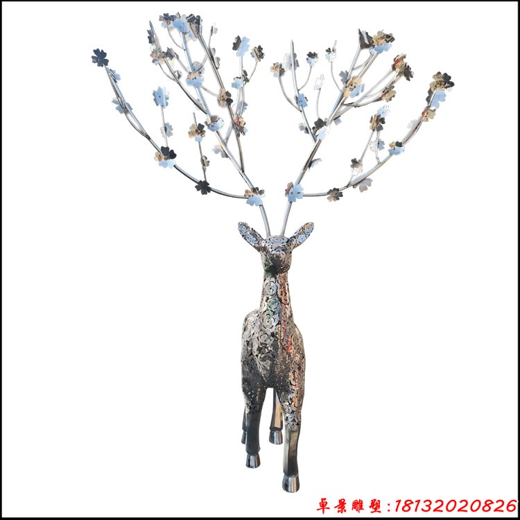 不锈钢玫瑰花图案树枝鹿雕塑