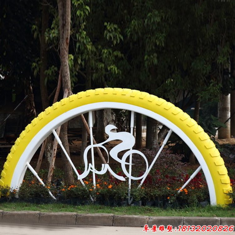 不锈钢自行车轮胎抽象骑车人物雕塑
