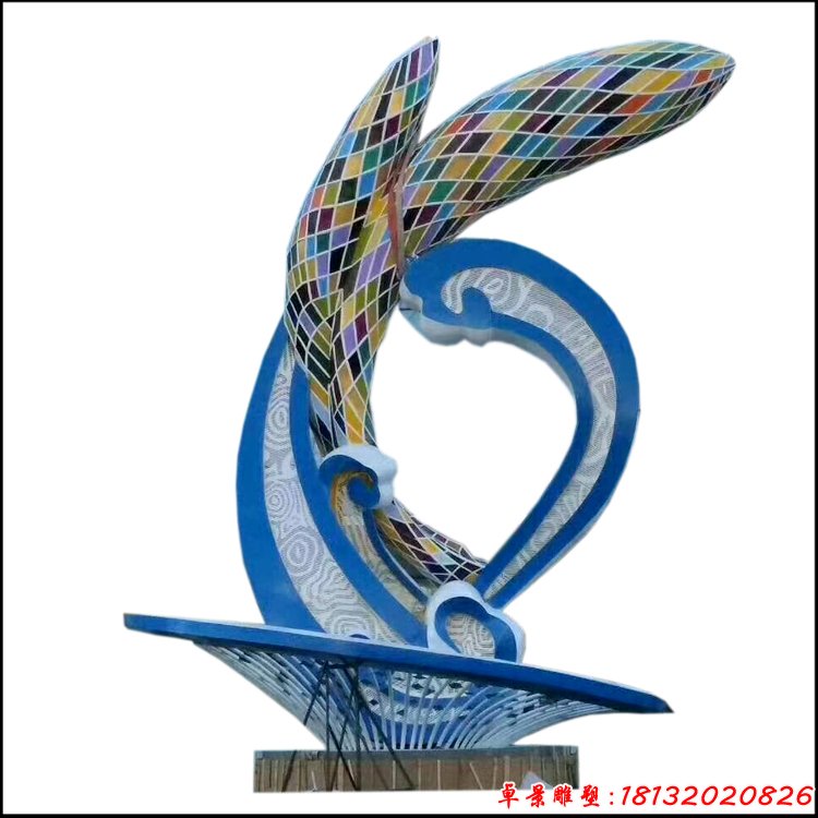 彩色不锈钢抽象海浪海豚雕塑