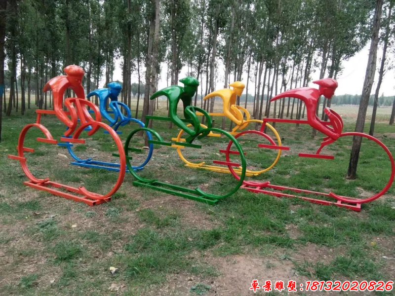彩色不锈钢抽象人物骑自行车雕塑