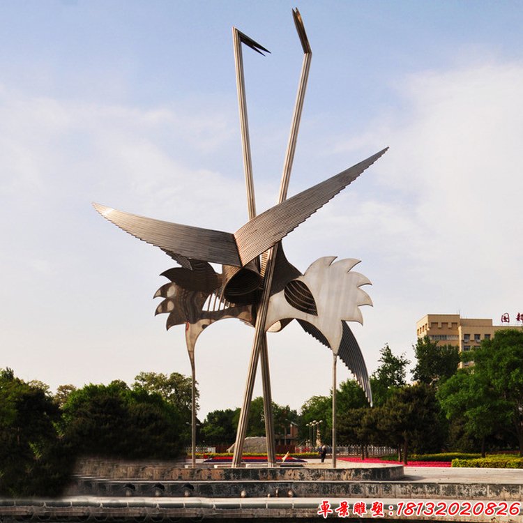广场不锈钢抽象丹顶鹤雕塑