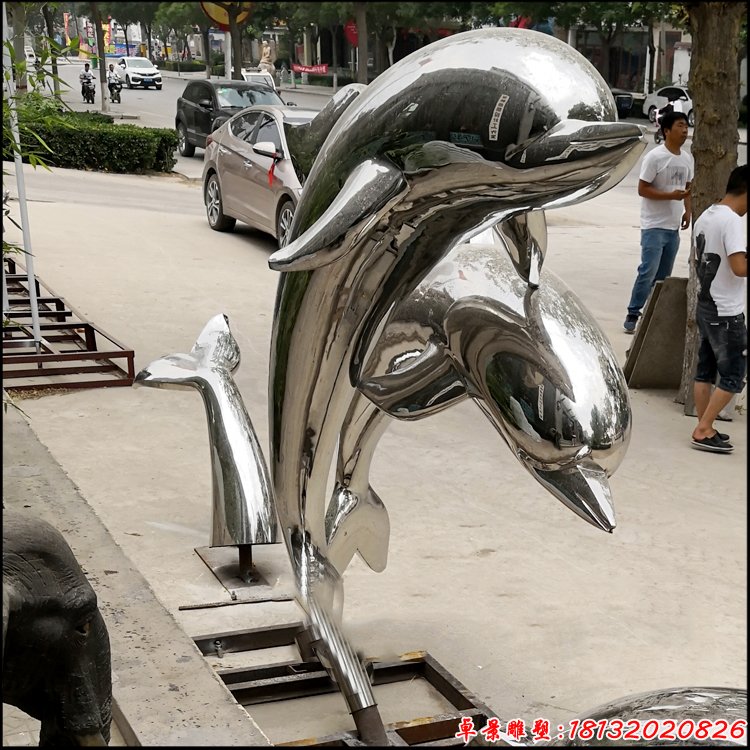 镜面不锈钢抽象跳跃海豚雕塑