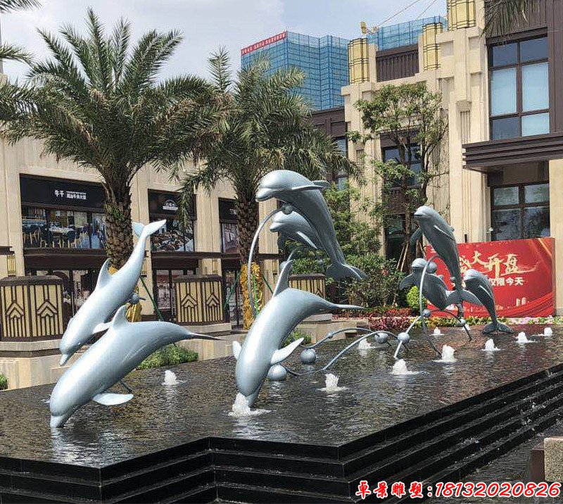 小区水景不锈钢跳跃海豚雕塑
