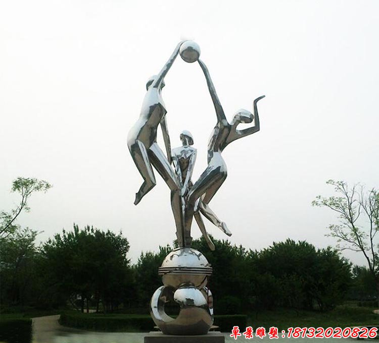 不锈钢抽象打排球的女孩 公园景观雕塑