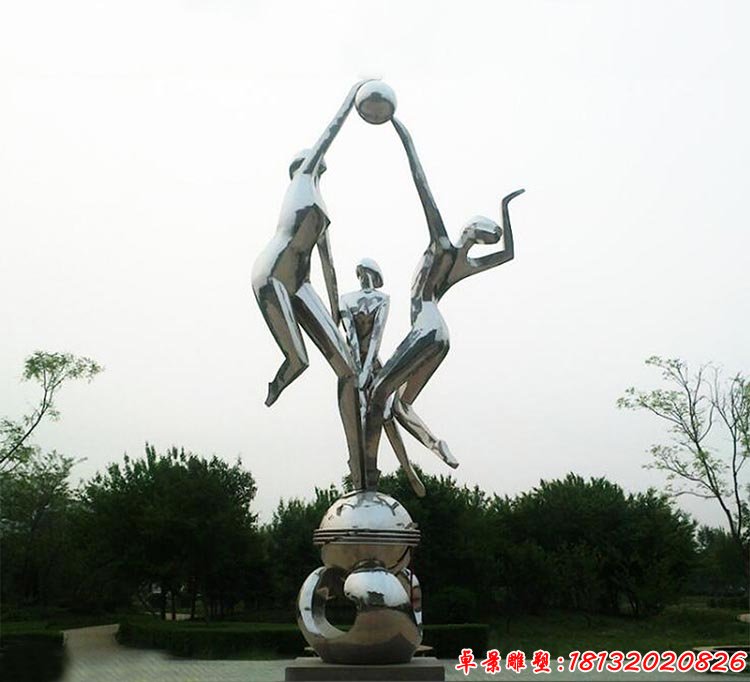不锈钢抽象打排球的女孩 公园景观雕塑 (2)
