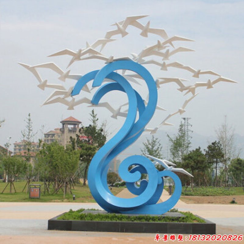 不锈钢抽象海鸥海浪，海边景观雕塑
