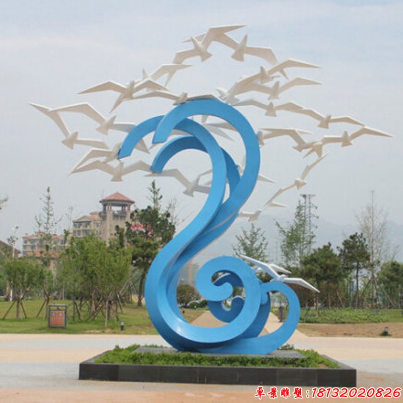 不锈钢抽象海鸥海浪,海边景观雕塑 (2)