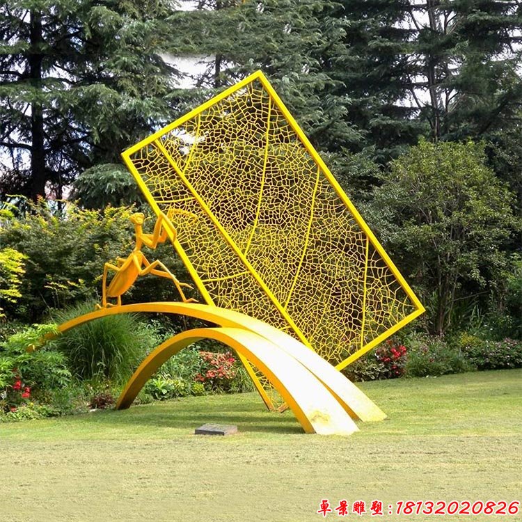 不锈钢抽象树叶和螳螂雕塑 公园景观雕塑 (2)