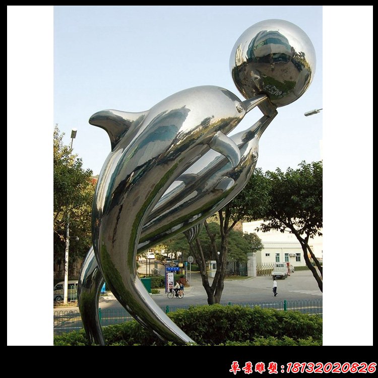 不锈钢海豚顶球,公园动物雕塑