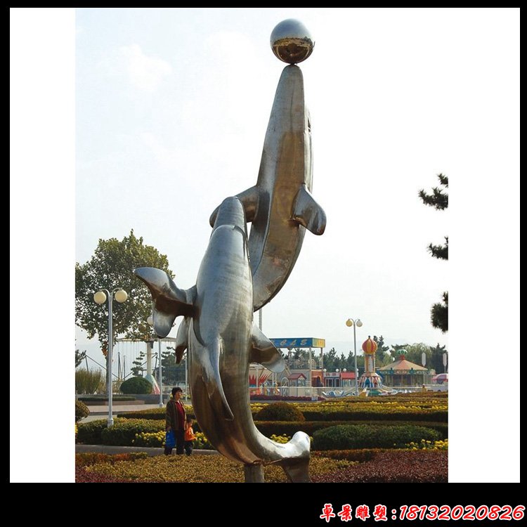 不锈钢海豚顶球雕塑公园动物雕塑
