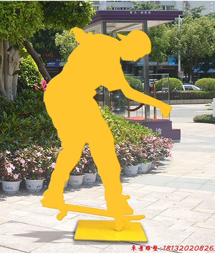 不锈钢剪影滑板男孩,公园抽象人物雕塑