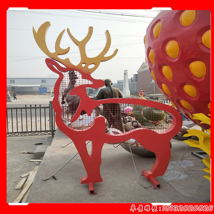 彩色不锈钢剪影抽象鹿，公园抽象梅花鹿雕塑 (2)