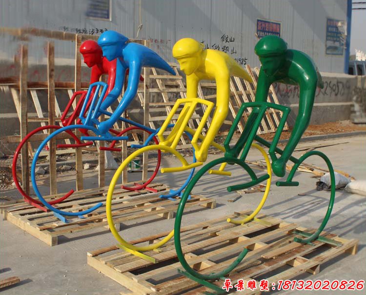 彩色不锈钢骑自行车人物，公园抽象人物雕塑