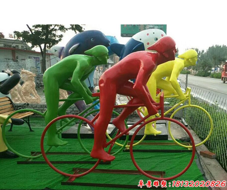 彩色不锈钢骑自行车人物雕塑公园景观雕塑 (5)