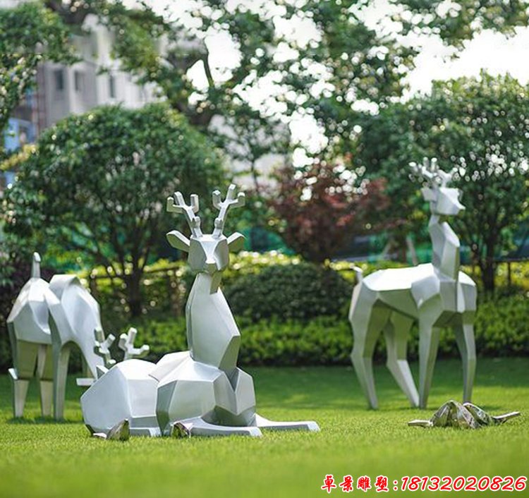 小区抽象动物雕塑不锈钢几何梅花鹿雕塑
