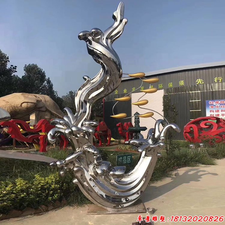 不锈钢抽象海浪和鱼群雕塑