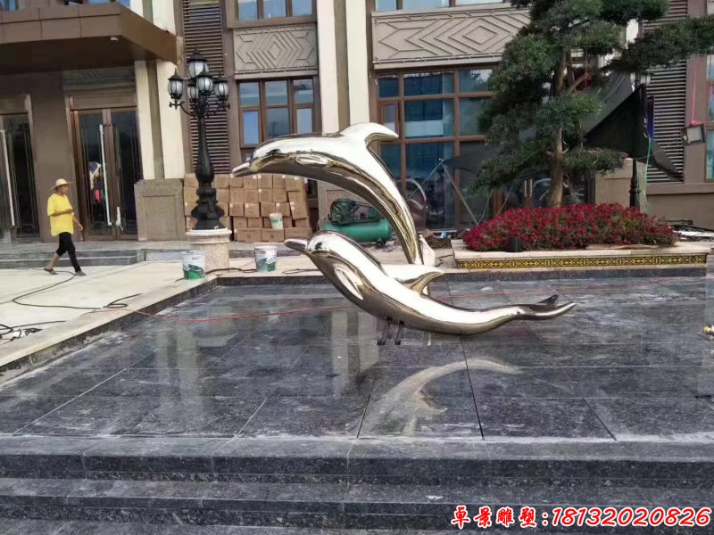 镜面不锈钢跳跃海豚雕塑 (3)