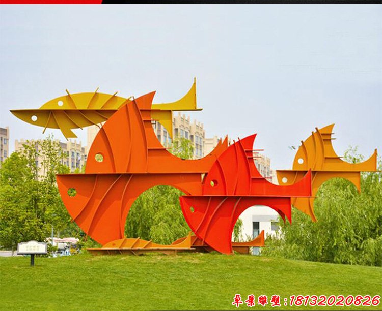 广场不锈钢抽象鱼群雕塑