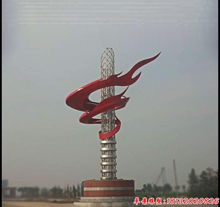 广场不锈钢大型彩带绕柱雕塑
