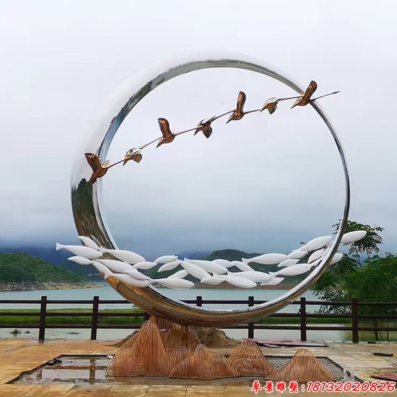 公园不锈钢圆环大雁和鱼群雕塑
