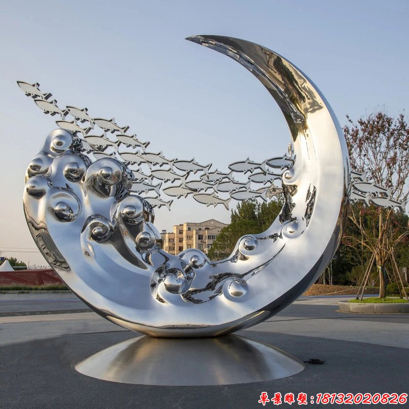 园林不锈钢镜面海浪鱼群雕塑