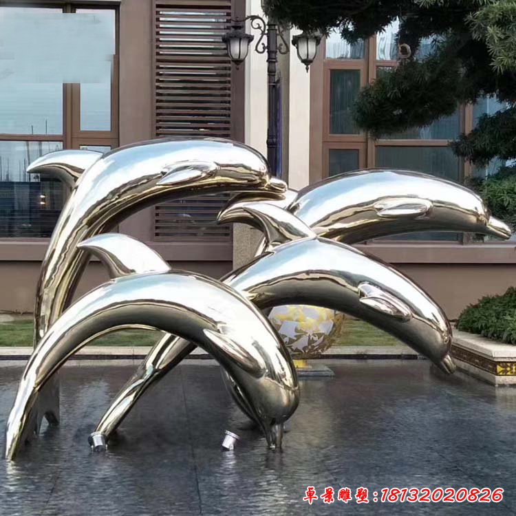 镜面不锈钢抽象海豚跳跃雕塑