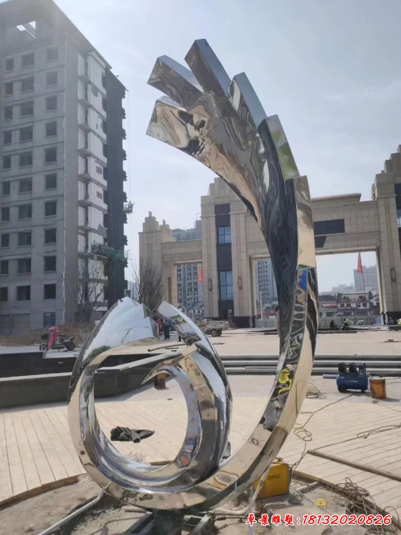 镜面不锈钢抽象凤凰造型海浪雕塑