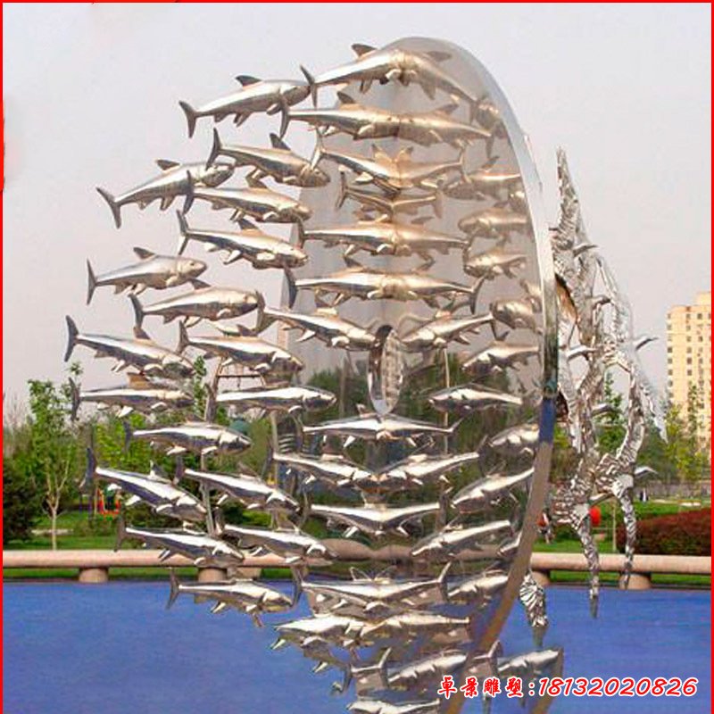 景区不锈钢抽象大雁鱼群雕塑