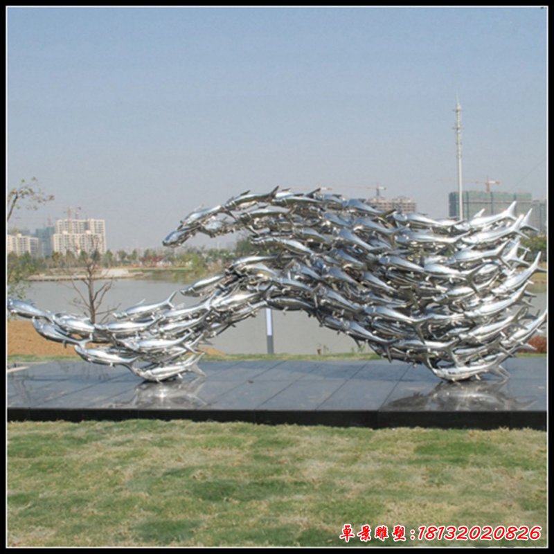 景区镜面不锈钢抽象鱼群雕塑