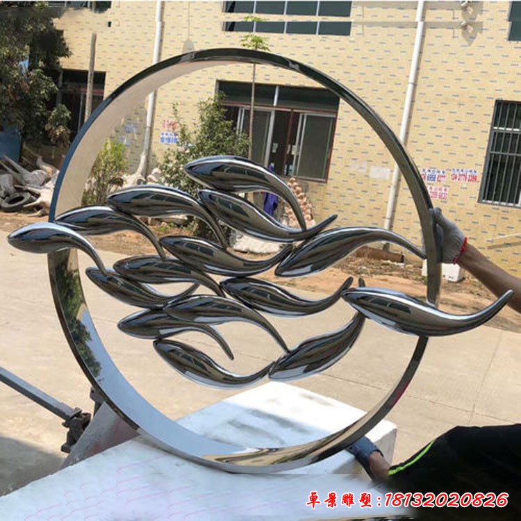 企业镜面不锈钢抽象鱼群雕塑