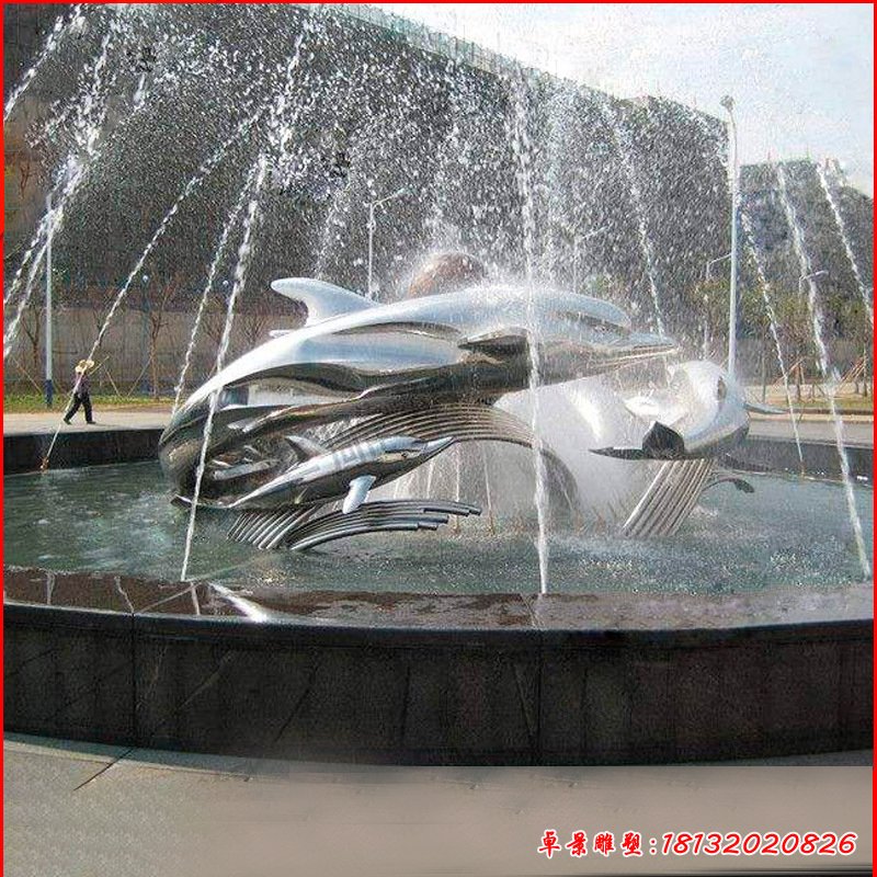 镜面不锈钢跳跃海豚喷泉雕塑
