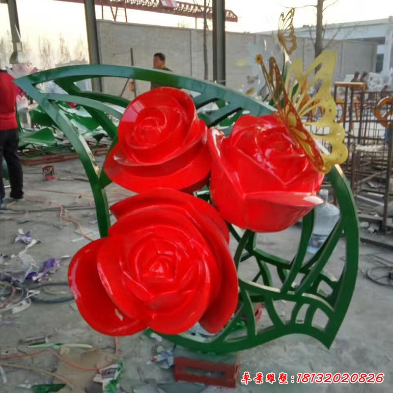 不锈钢玫瑰花雕塑，公园景观雕塑
