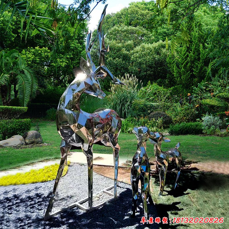 不锈钢抽象几何母子鹿雕塑 (4)