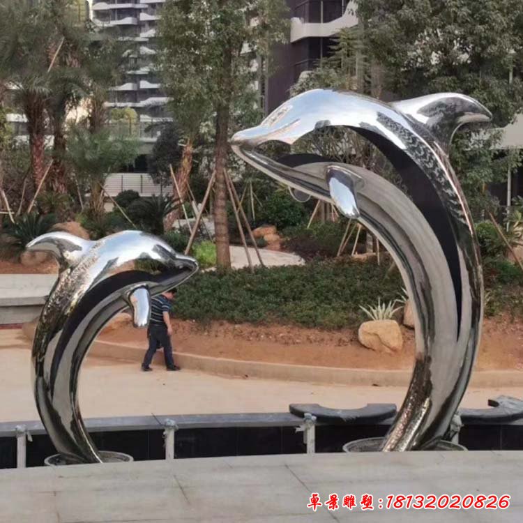 镜面不锈钢跳跃海豚雕塑 (5)